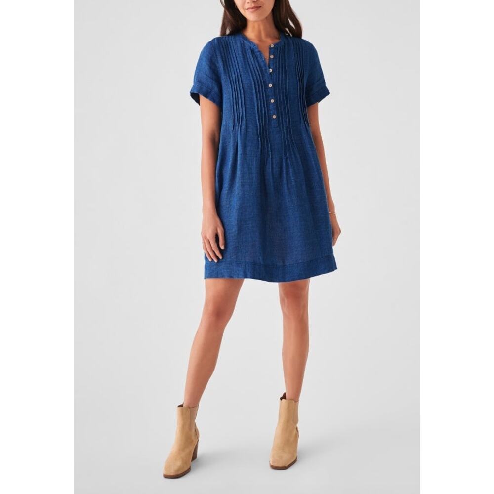 Faherty Gemina Linen Dress Pintuck Indigo Blue Short Sleeves Women Size Small